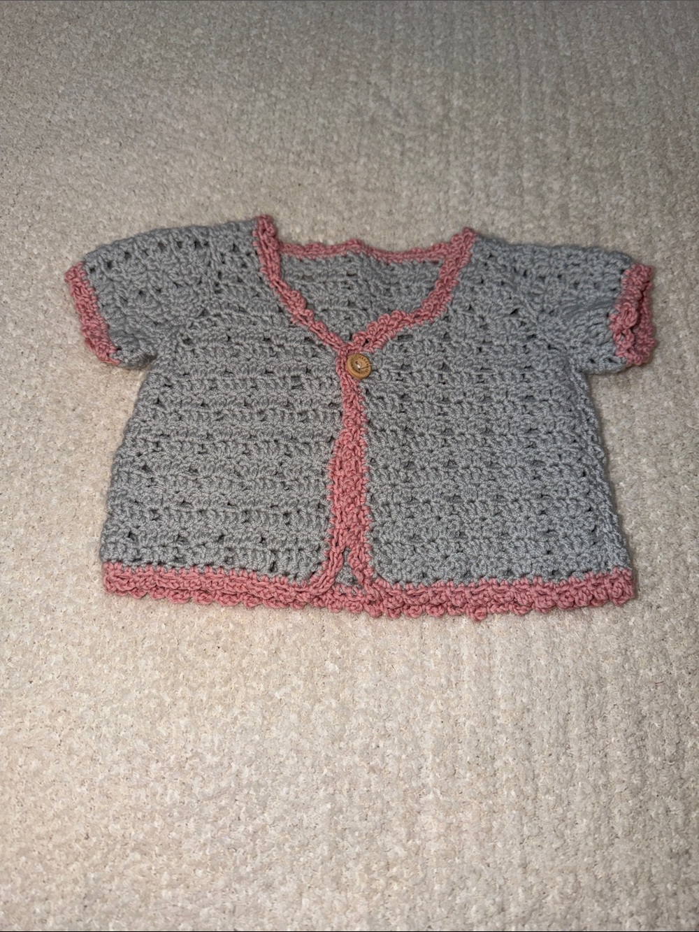 Handmade Gray and Pink Crochet Baby Cardigan